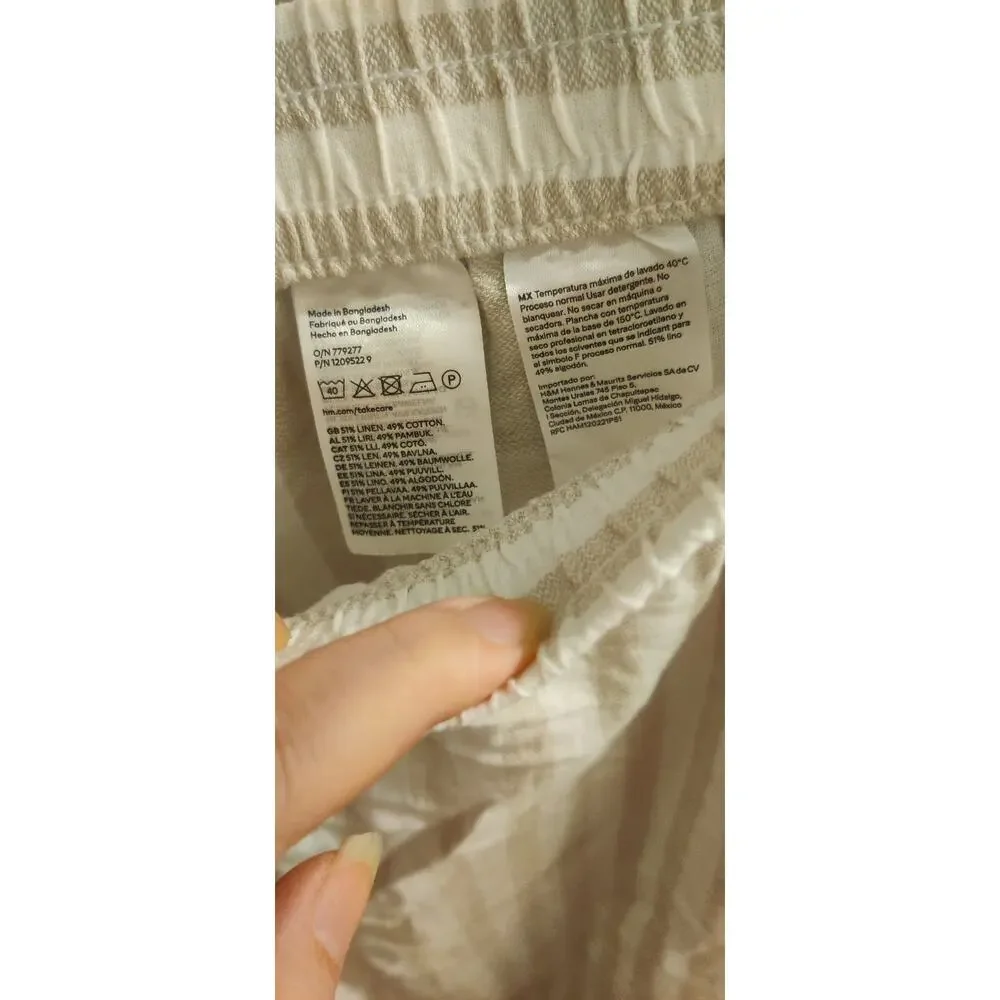 H&M Wide-Cut Pull-on Linen Pants In Taupe White Stripes Size XXL Pockets